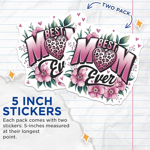 (2 Pack) Best Mom Ever Stickers - Mother's Day Sticker - Pink Floral Heart Design - 5" On Longest Side - Sticks to Smooth Flat Surfaces - Made in USA - BMCS9615