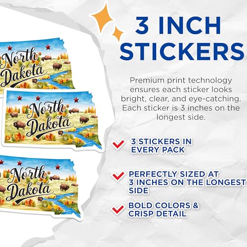 (3 Pack) North Dakota Decals - Bison State Pride - Laptop Decal- 3 Inches On Longest Side - Easy Peel & Apply - Made in USA - 3MCS5056