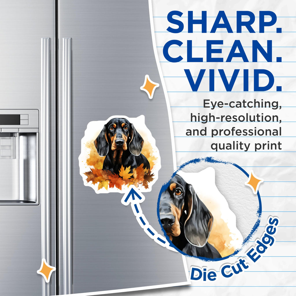 (2 Pack) Black Tan Dachshund Magnets - Autumn Leaves Dog Art - Cozy Fall Pet Decor - 5 Inches On Longest Side - Thick Durable Magnet - Made in USA - MAG25982