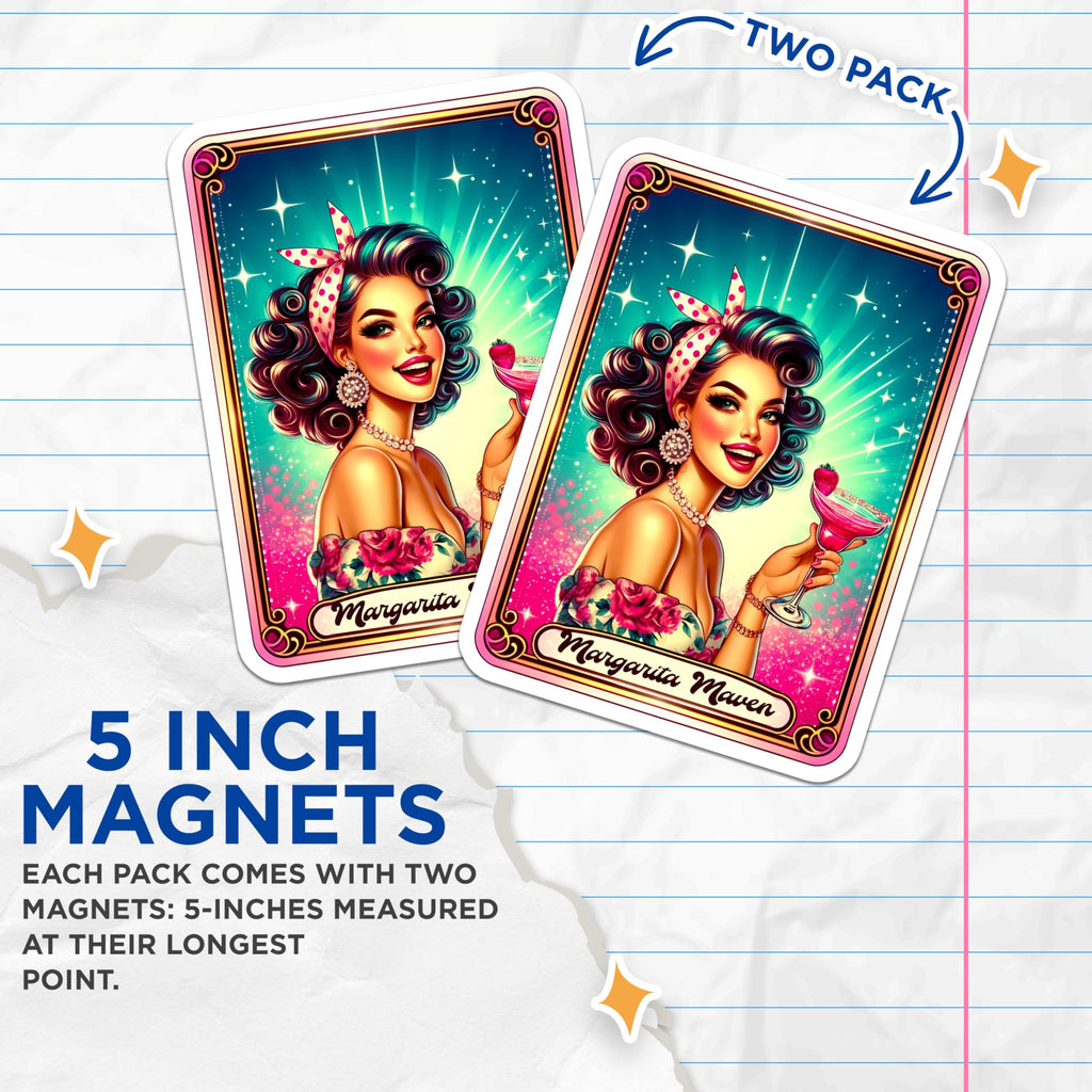 (2 Pack) Margarita Maven Magnets - Retro Pin Up Girl Art - Cocktail Drink Lover Decor - 5 Inches On Longest Side - Thick Durable Magnet - Made in USA - MAG22581