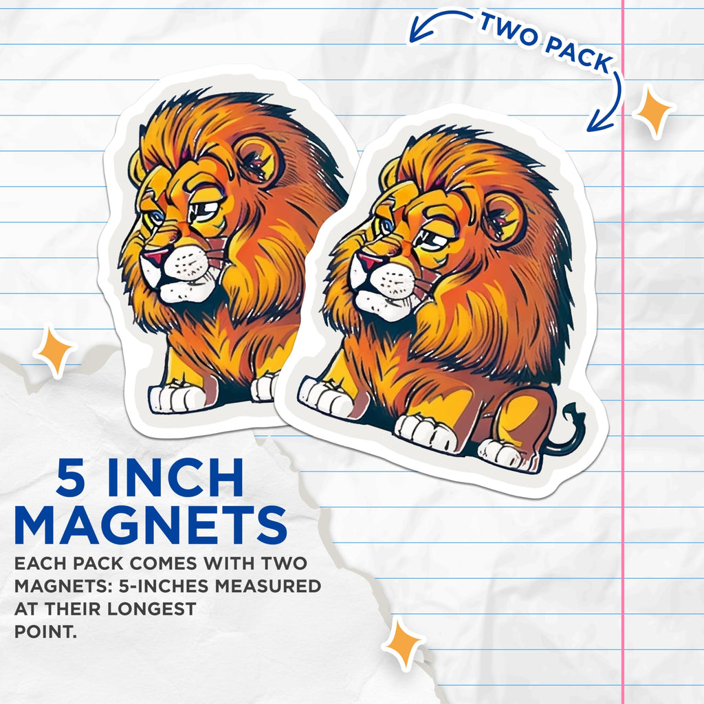 (2 Pack) Cartoon Lion Magnets - Majestic Animal Decor - Refrigerator Locker Accent - 5 Inches On Longest Side - Thick Durable Magnet - Made in USA - MAG21792