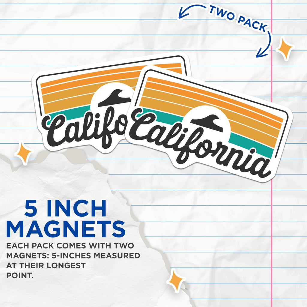 (2 Pack) California Magnets - Retro Sunset Design - Souvenir Fridge Magnets - 5" On Longest Side - Premium Magnet - for Cars, Refrigerators, Toolboxes, Lockers - Made in USA - MAG17400