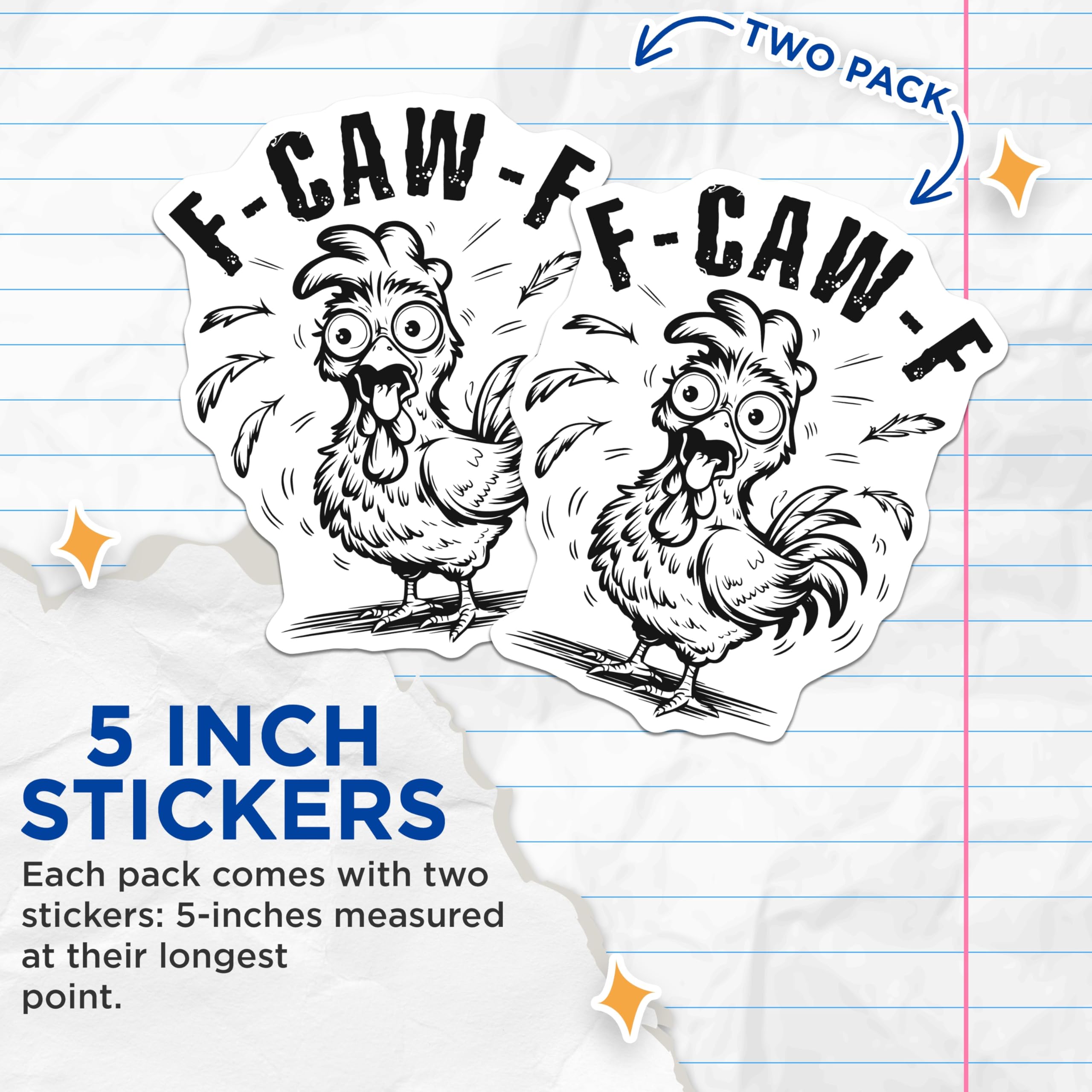 (2 Pack) F-CAW-F Chicken Stickers - Funny Chicken Meme - Crazy Chicken Decals - 5" On Longest Side - Sticks to Smooth Flat Surfaces - Made in USA - BMCS14877