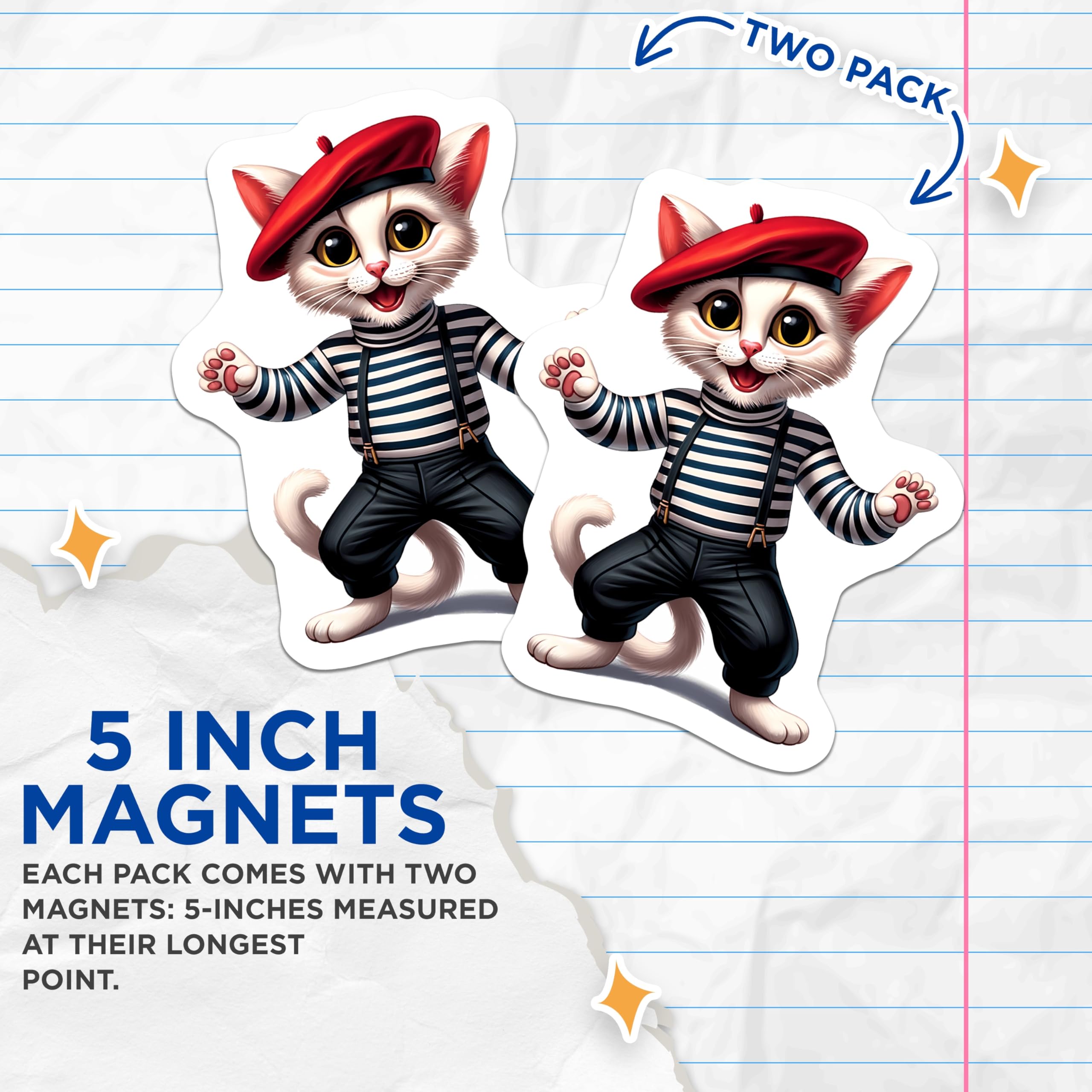 (2 Pack) French Mime Cat Magnets - Adorable Beret Kitty - Refrigerator Locker Decor - 5 Inches On Longest Side - Thick Durable Magnet - Made in USA - MAG22410