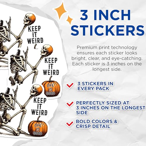 (3 Pack) Spooky Skeletons Decals - Halloween Decal Sticker - Keep It Weird - Pumpkin Decal - 3 Inches On Longest Side - Easy Peel & Apply - Made in USA - 3MCS8539