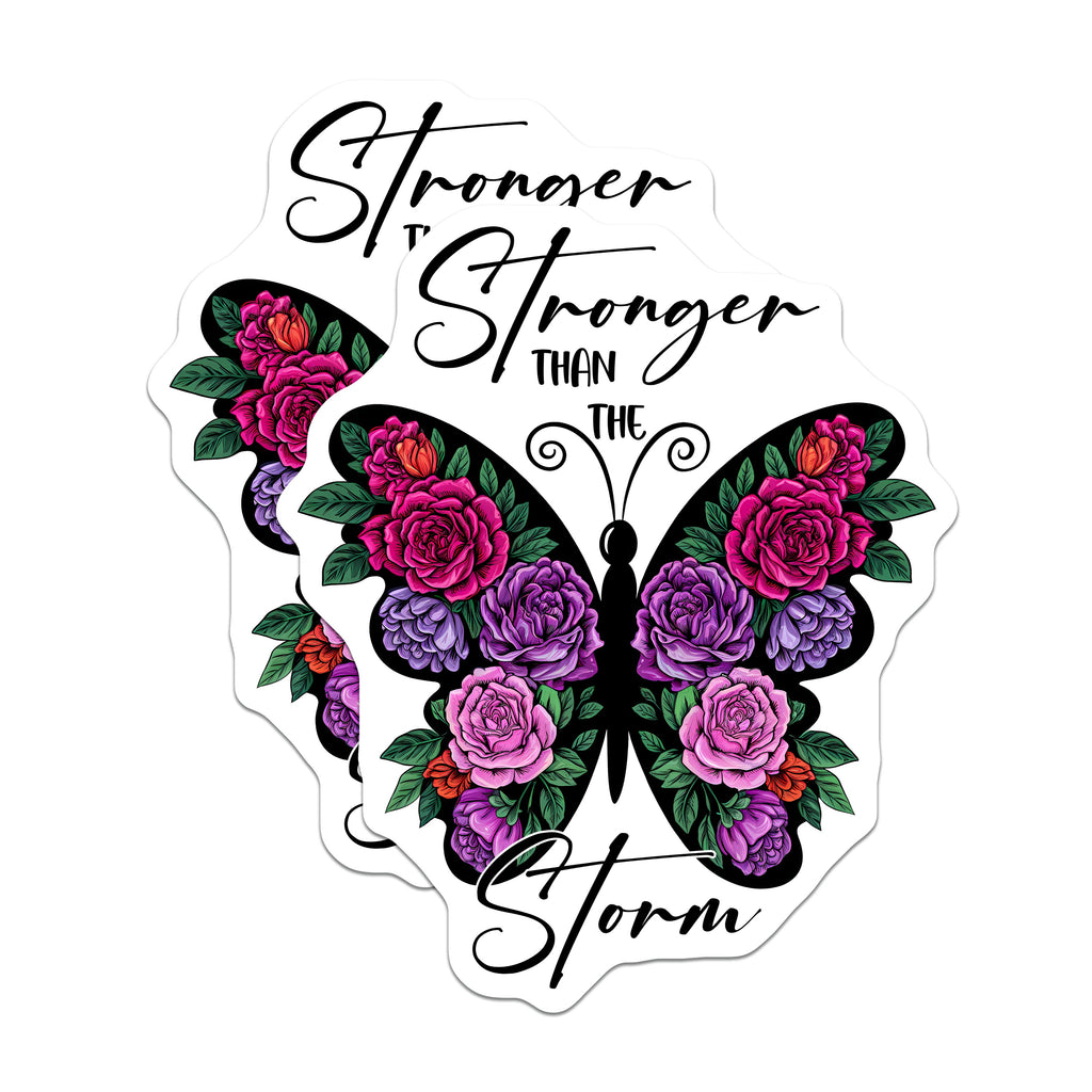(2 Pack) Stronger Than The Storm Magnets - Floral Butterfly Quote - Inspirational Resilience Decor - 5 Inches On Longest Side - Thick Durable Magnet - Made in USA - MAG38910
