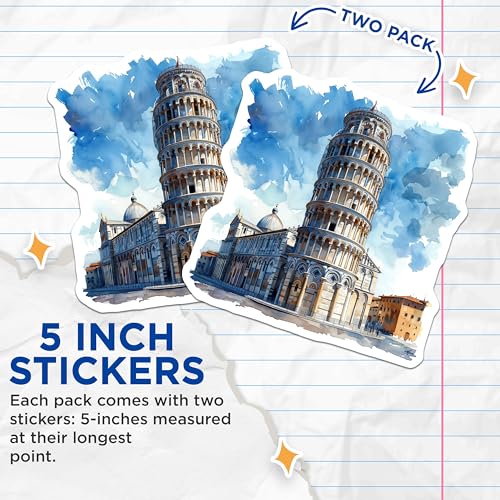 (2 Pack) Leaning Tower of Pisa Stickers - Italian Landmark Stickers - Travel Souvenir Stickers - 5" On Longest Side - Sticks to Smooth Flat Surfaces - Made in USA - BMCS5195