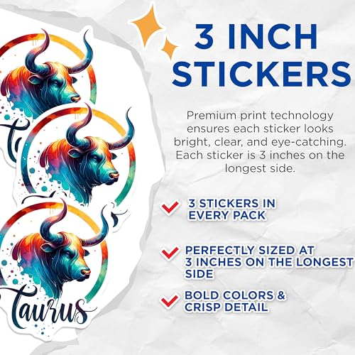 (3 Pack) Taurus Zodiac Decals - Astrology Sign - Laptop Decal- 3 Inches On Longest Side - Easy Peel & Apply - Made in USA - 3MCS5288