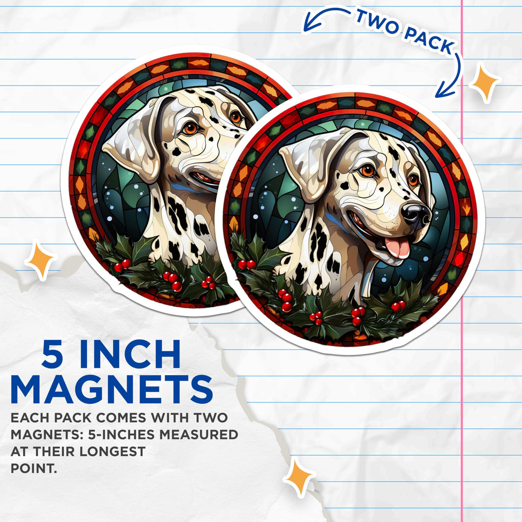 (2 Pack) Christmas Dalmatian Magnets - Stained Glass Dog Art - Festive Winter Canine Decor - 5 Inches On Longest Side - Thick Durable Magnet - Made in USA - MAG23450