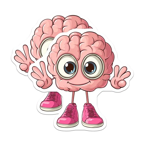 (2 Pack) Funny Brain Stickers - Cute Cartoon Stickers - Pink Brain with Shoes Stickers - 5" On Longest Side - Sticks to Smooth Flat Surfaces - Made in USA - BMCS7003