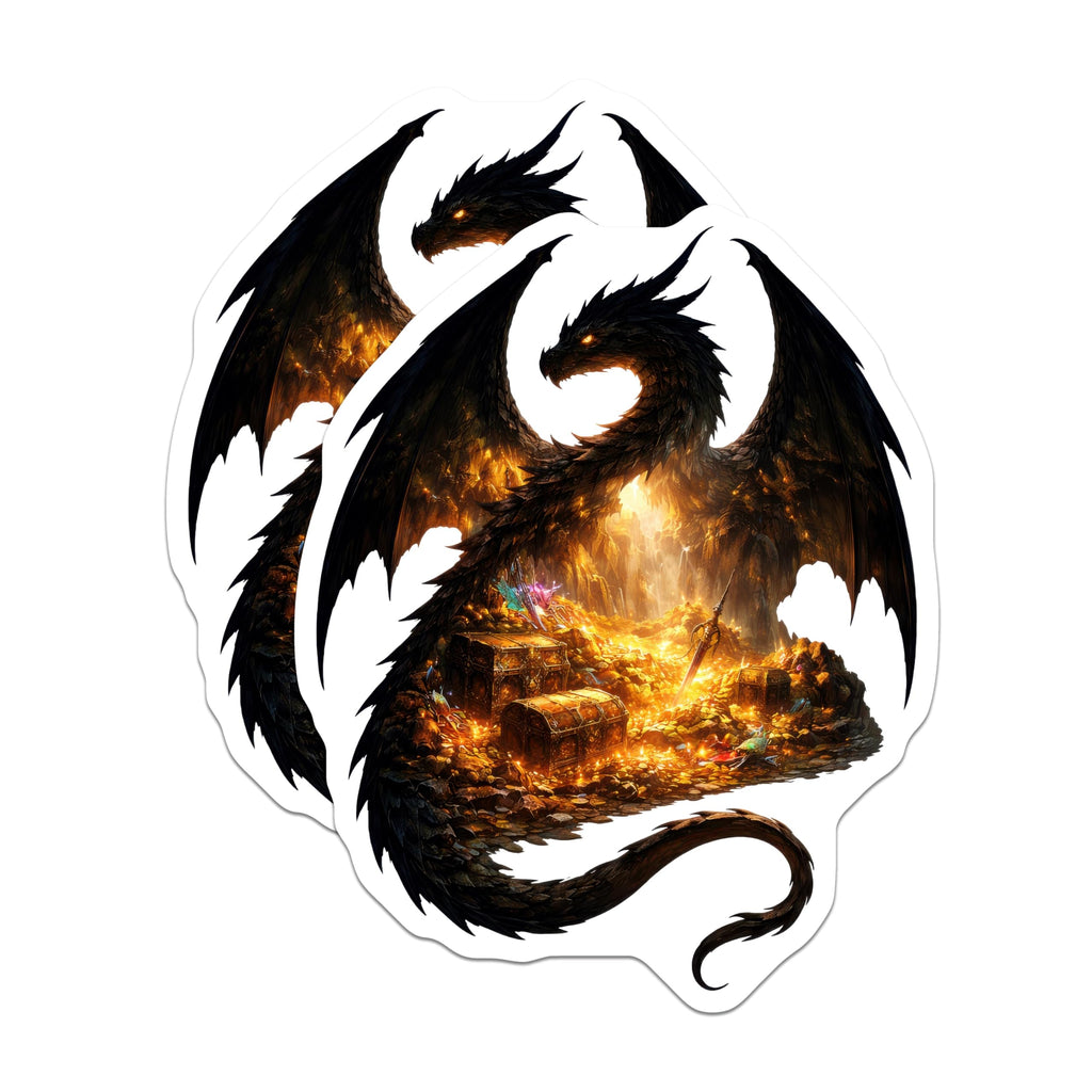 (2 Pack) Black Dragon Treasure Hoard Magnets - Fantasy Creature Gold Pile Decor - Epic Mythical Beast Dungeon RPG Art - 5 Inches On Longest Side - Thick Durable Magnet - Made in USA - MAG21475