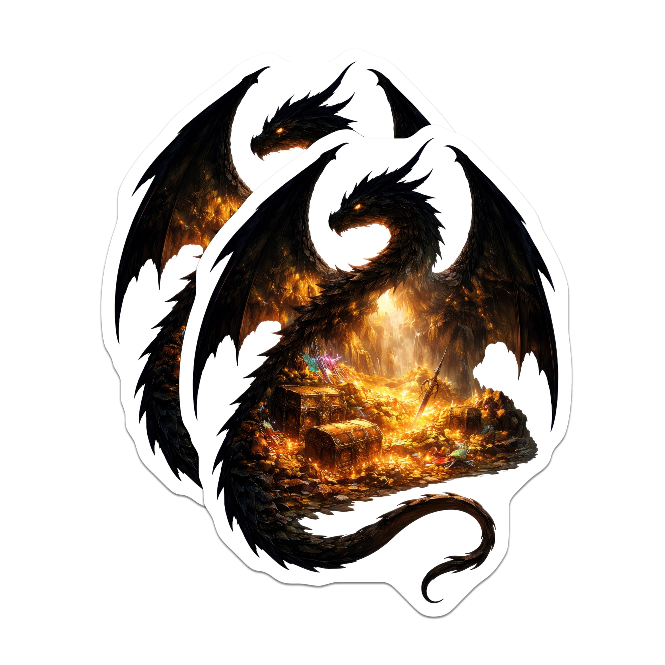(2 Pack) Black Dragon Treasure Hoard Magnets - Fantasy Creature Gold Pile Decor - Epic Mythical Beast Dungeon RPG Art - 5 Inches On Longest Side - Thick Durable Magnet - Made in USA - MAG21475
