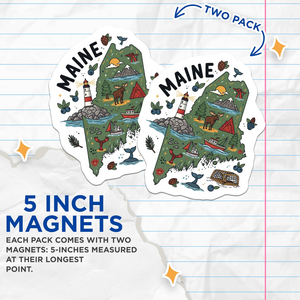 (2 Pack) Maine Map Magnets - Vacation Souvenir - Maine Lover Decor - 5" On Longest Side - Premium Magnet - for Cars, Refrigerators, Toolboxes, Lockers - Made in USA - MAG14975