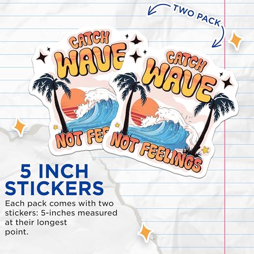(2 Pack) Surfing Quotes Stickers - Catch Wave Not Feelings - Tropical Design - 5" On Longest Side - Sticks to Smooth Flat Surfaces - Made in USA - BMCS8633 - Ocean Wave Art
