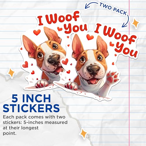 (2 Packs) I Woof You Bull Terrier Stickers - Bull Terrier Dog Breed Decals - 5 Inches On Longest Side - Premium Vinyl Decal - Sticks to Any Smooth Flat Surface - Made in USA - BMCS2534