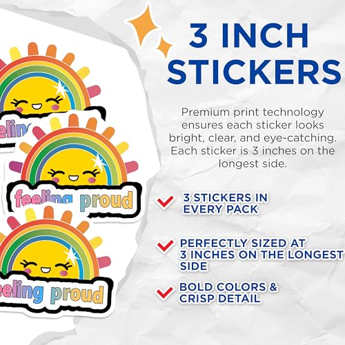 (3 Pack) Feeling Proud Decals - Rainbow Sun - Laptop Decal - 3 Inches On Longest Side - Easy Peel & Apply - Made in USA - 3MCS7946