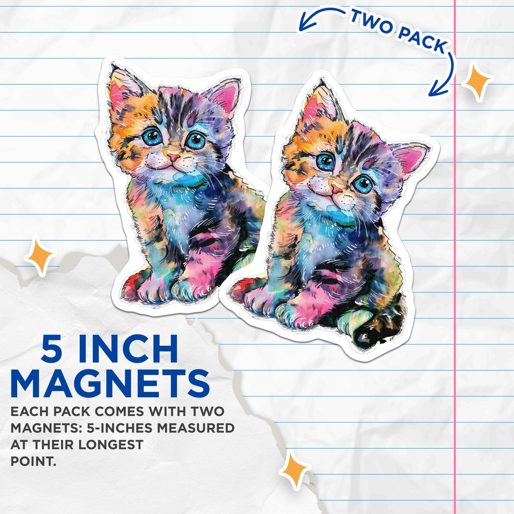 (2 Pack) Cute Kitten Magnets - Watercolor Cat Art - Pet Lover Fridge Decor - 5 Inches On Longest Side - Thick Durable Magnet - Made in USA - MAG37179