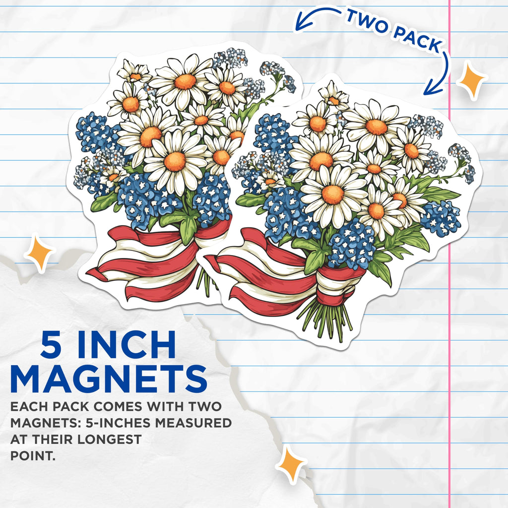 (2 Pack) Daisy Bluebonnet Magnets - Patriotic Floral Decor - Summer Kitchen Fridge - 5 Inches On Longest Side - Thick Durable Magnet - Made in USA - MAG19798