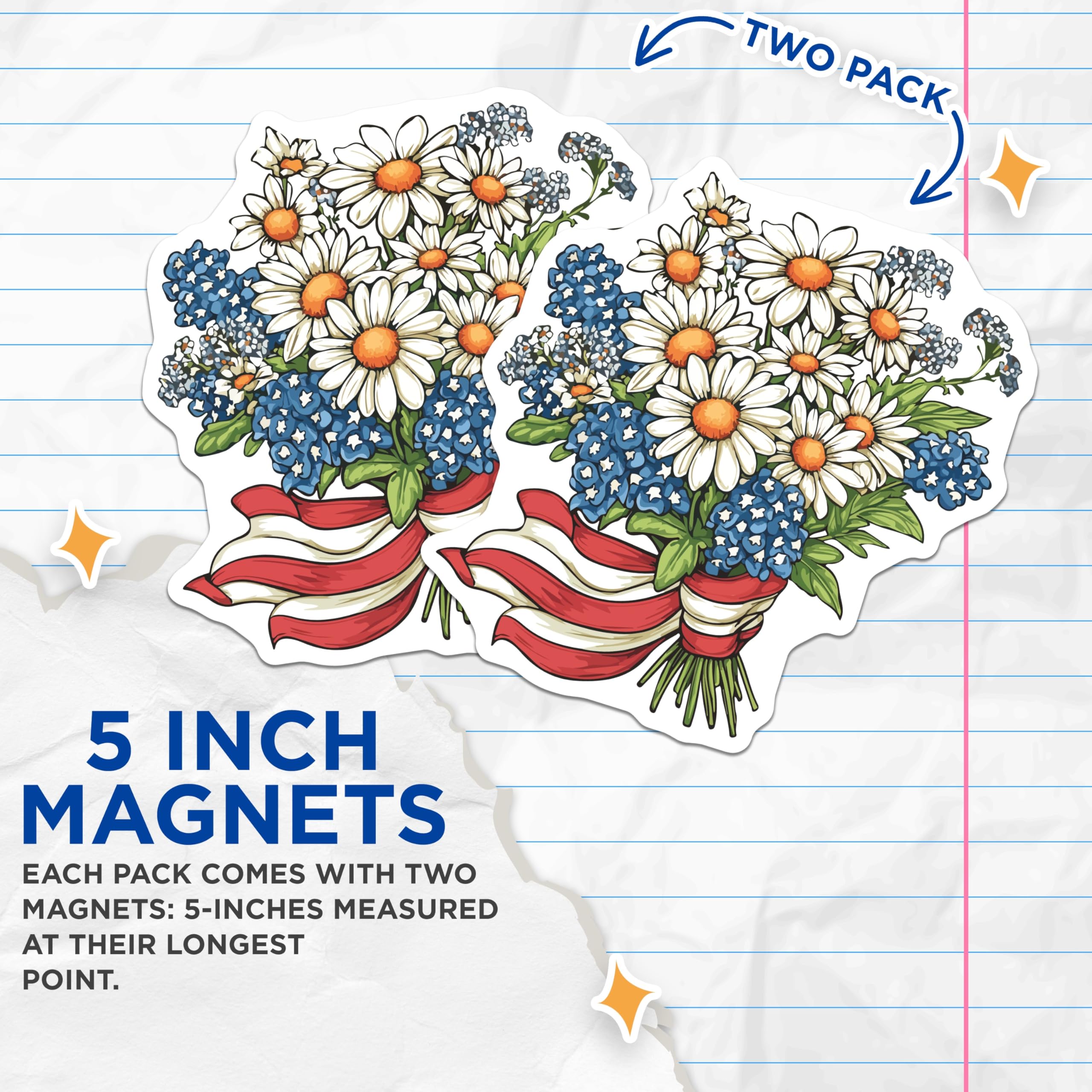 (2 Pack) Daisy Bluebonnet Magnets - Patriotic Floral Decor - Summer Kitchen Fridge - 5 Inches On Longest Side - Thick Durable Magnet - Made in USA - MAG19798