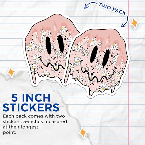 (2 Pack) Cute Melting Face Stickers - Daisy Flower Stickers - Cute Aesthetic Stickers - 5" On Longest Side - Sticks to Smooth Flat Surfaces - Made in USA - BMCS6239