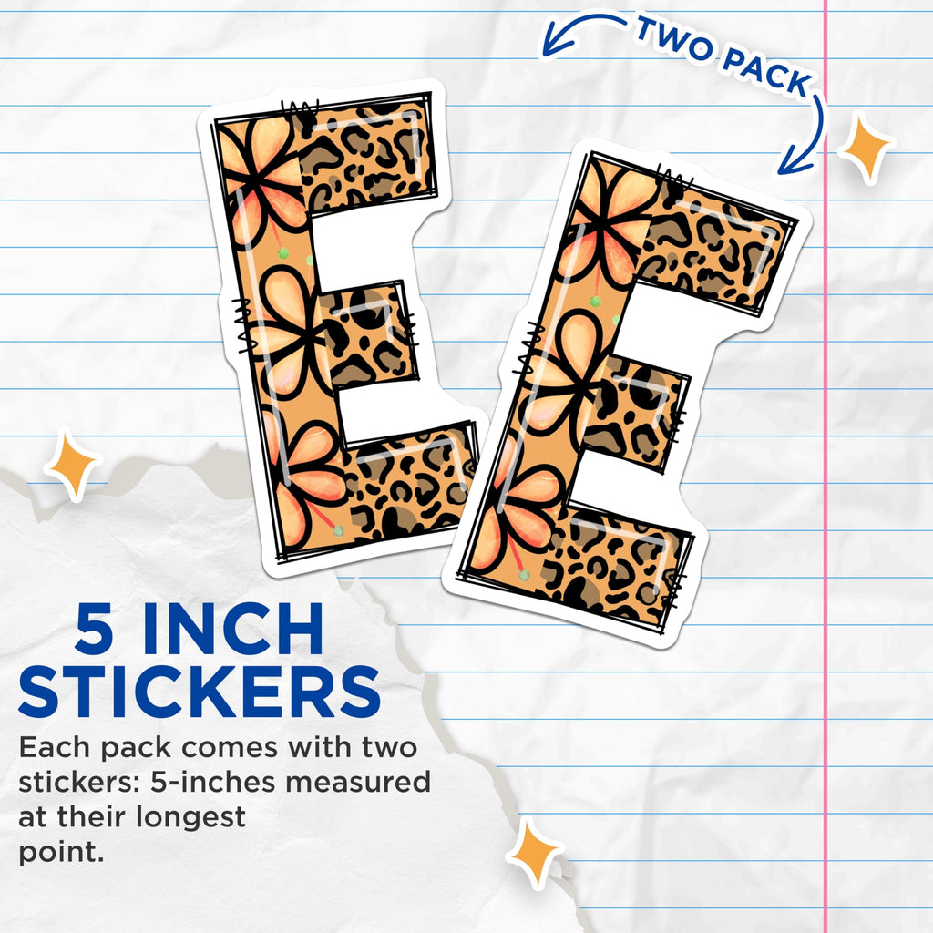 (2 Pack) Letter E Stickers - Floral Initial - Leopard Print Alphabet - 5" On Longest Side - Sticks to Smooth Flat Surfaces - Made in USA - BMCS15299