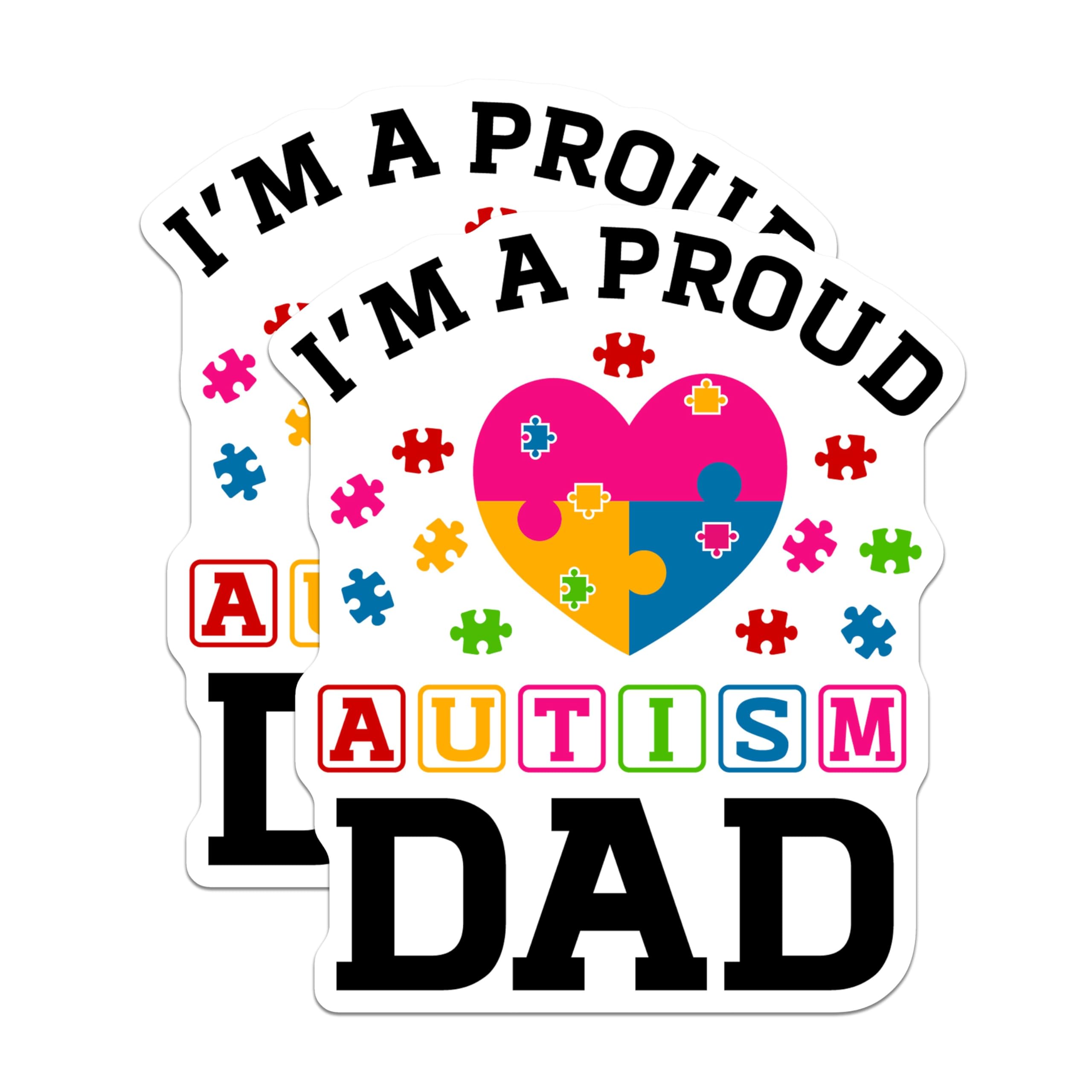 (2 Pack) I'm a Proud Dad Magnets - Autism Awareness Magnets - Dad Magnets with Puzzle Heart Design - 5" On Longest Side - for Cars, Fridges, Toolboxes - Made in USA - MAG4102