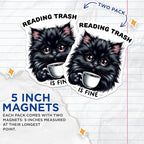 (2 Pack) Reading Trash is Fine Magnets - Black Cat Holding Coffee - Funny Quote Magnets - 5" On Longest Side - for Cars, Fridges, Toolboxes - Made in USA - MAG4596