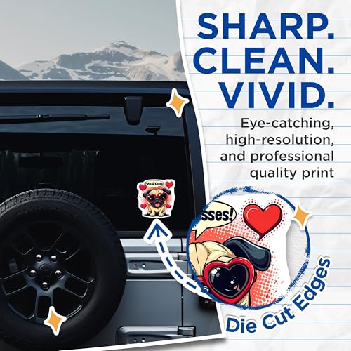 (2 Pack) Pugs and Kisses Stickers - Cute Dog Decal - Heart Sunglasses Sticker Set - 5" On Longest Side - Sticks to Smooth Flat Surfaces - Made in USA - BMCS4656