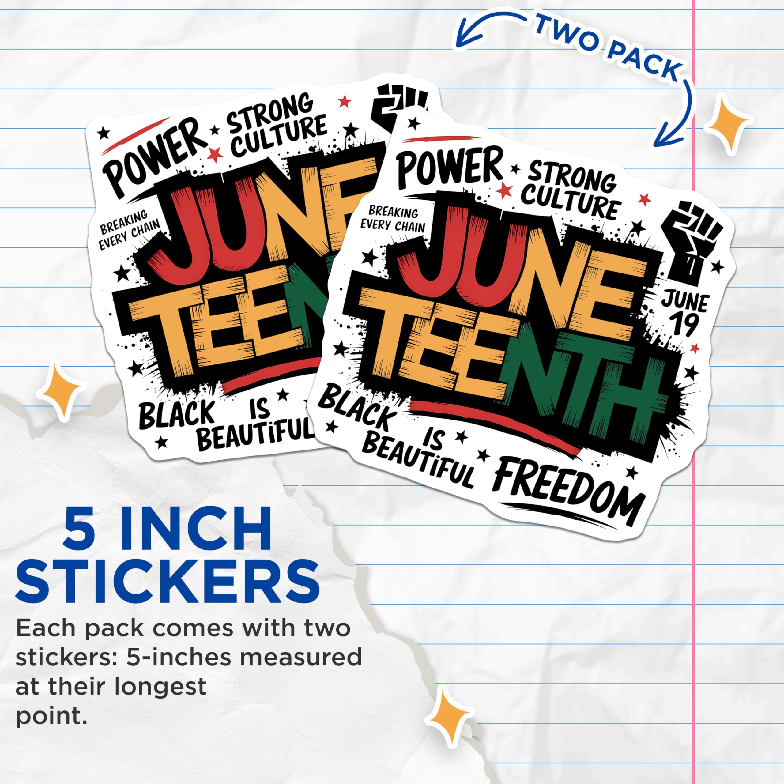 (2 Pack) Juneteenth Power Stickers - Strong Culture Stickers - Breaking Every Chain Stickers - 5" On Longest Side - Sticks to Smooth Flat Surfaces - Made in USA - BMCS4118