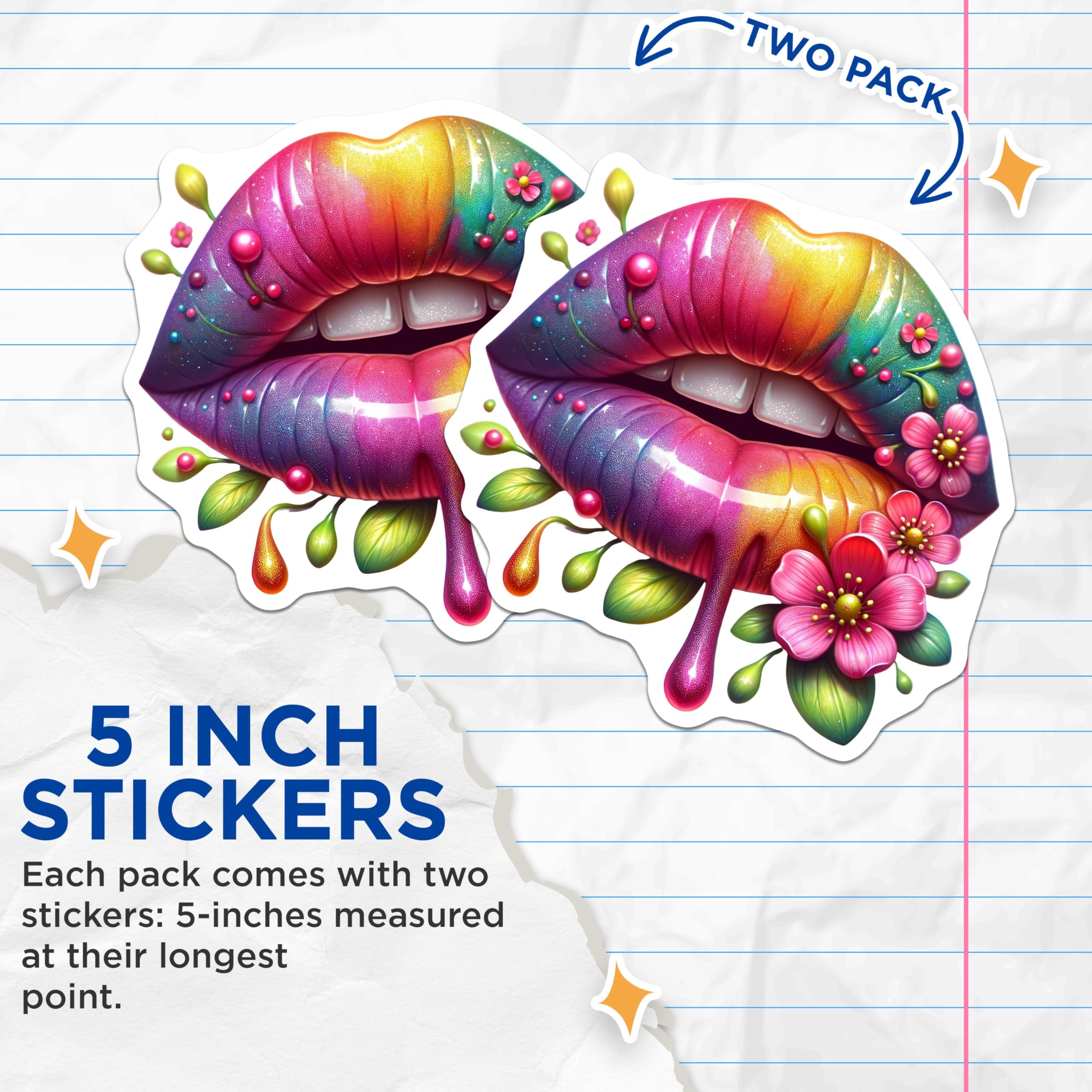(2 Pack) Rainbow Lipstick Stickers - Flowered Lips Stickers - Cosmetic Art Stickers - 5" On Longest Side - Sticks to Any Smooth Flat Surface - Made in USA - BMCS3570