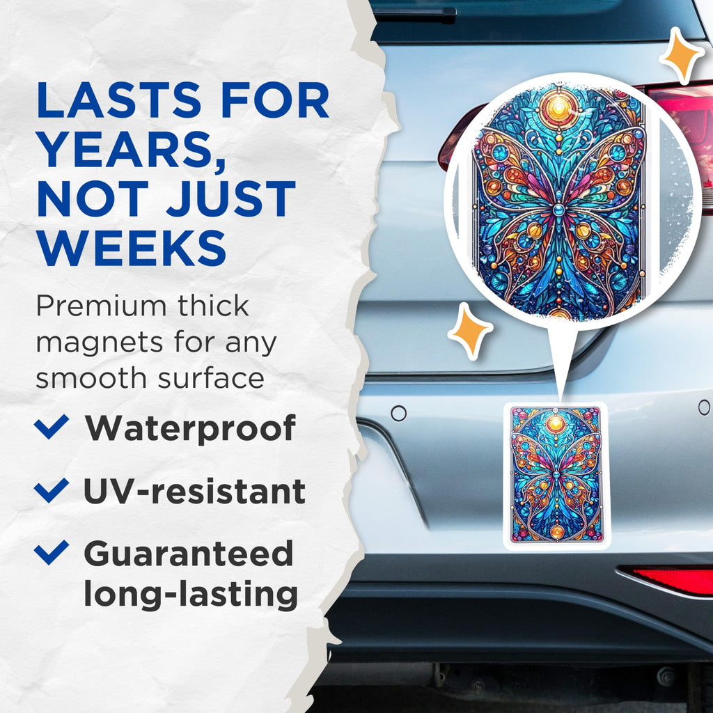 (2 Pack) Stained Glass Butterfly Magnets - Vibrant Art Nouveau Decor - Psychedelic Kitchen Accessories - 5 Inches On Longest Side - Thick Durable Magnet - Made in USA - MAG23237
