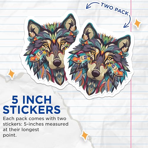 (2 Pack) Colorful Wolf Stickers - Animal Art Stickers - Boho Wolf Decal - 5" On Longest Side - Sticks to Smooth Flat Surfaces - Made in USA - BMCS4687