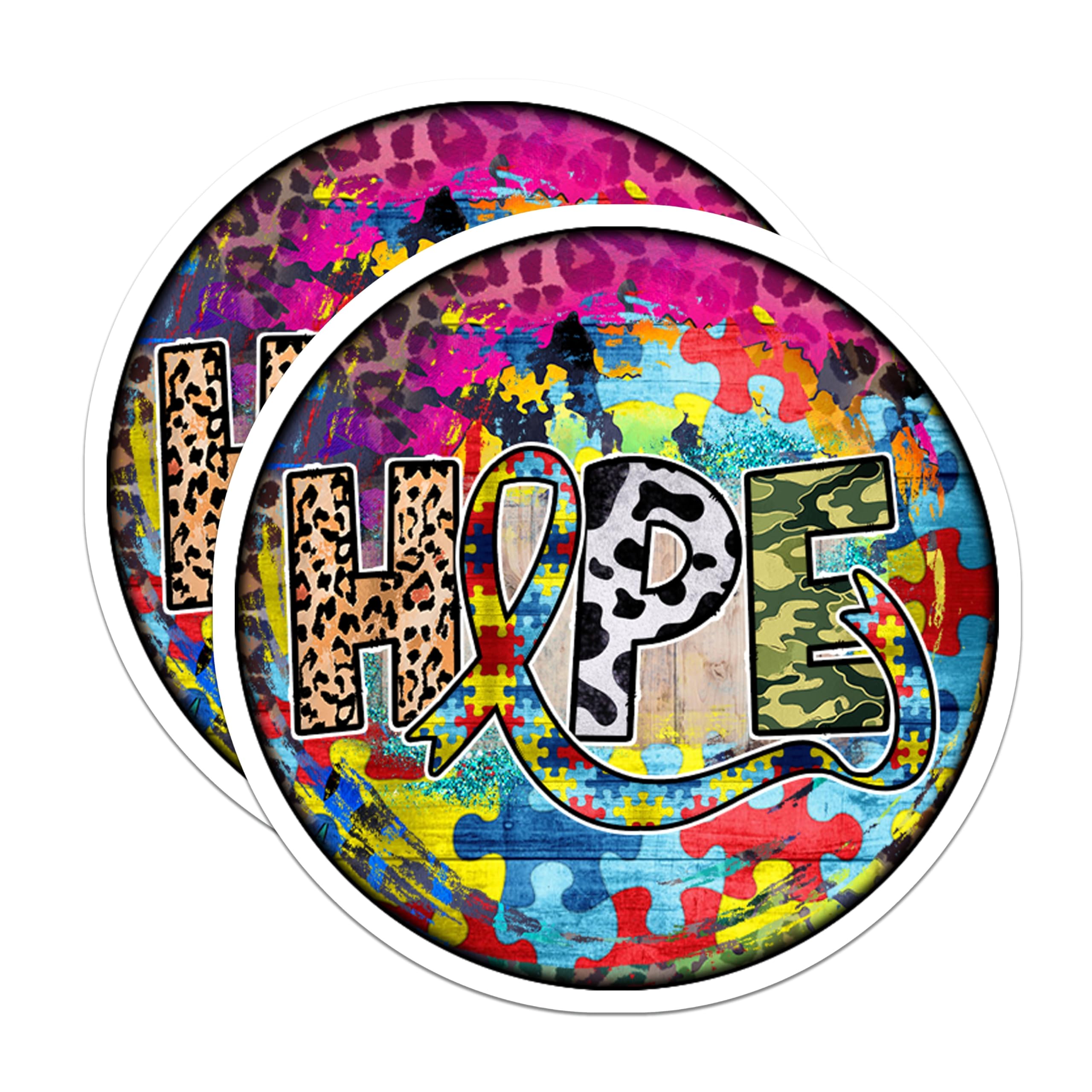 (2 Pack) Hope Autism Awareness Magnets - Puzzle Piece Ribbon Art - Diverse Pattern Colorful Design - 5 Inches On Longest Side - Thick Durable Magnet - Made in USA - MAG24940