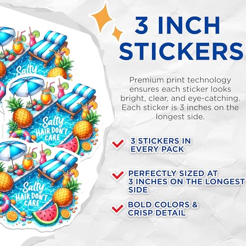 (3 Pack) Salty Hair Decals - Summer Poolside Sticker - Vacation Vibes - 3 Inches On Longest Side - Easy Peel & Apply - Made in USA - 3MCS8048
