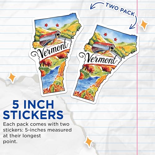 (2 Pack) Vermont State Stickers - Travel Souvenir Decal - State Map Art - 5" On Longest Side - Sticks to Smooth Flat Surfaces - Made in USA - BMCS6282