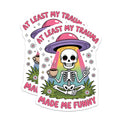 (2 Pack) Funny Skeleton Magnets - Trauma Made Me Funny Quote - UFO Alien Coffee Humor - Refrigerator Decor - 5 Inches On Longest Side - Thick Durable Magnet - Made in USA - MAG22909