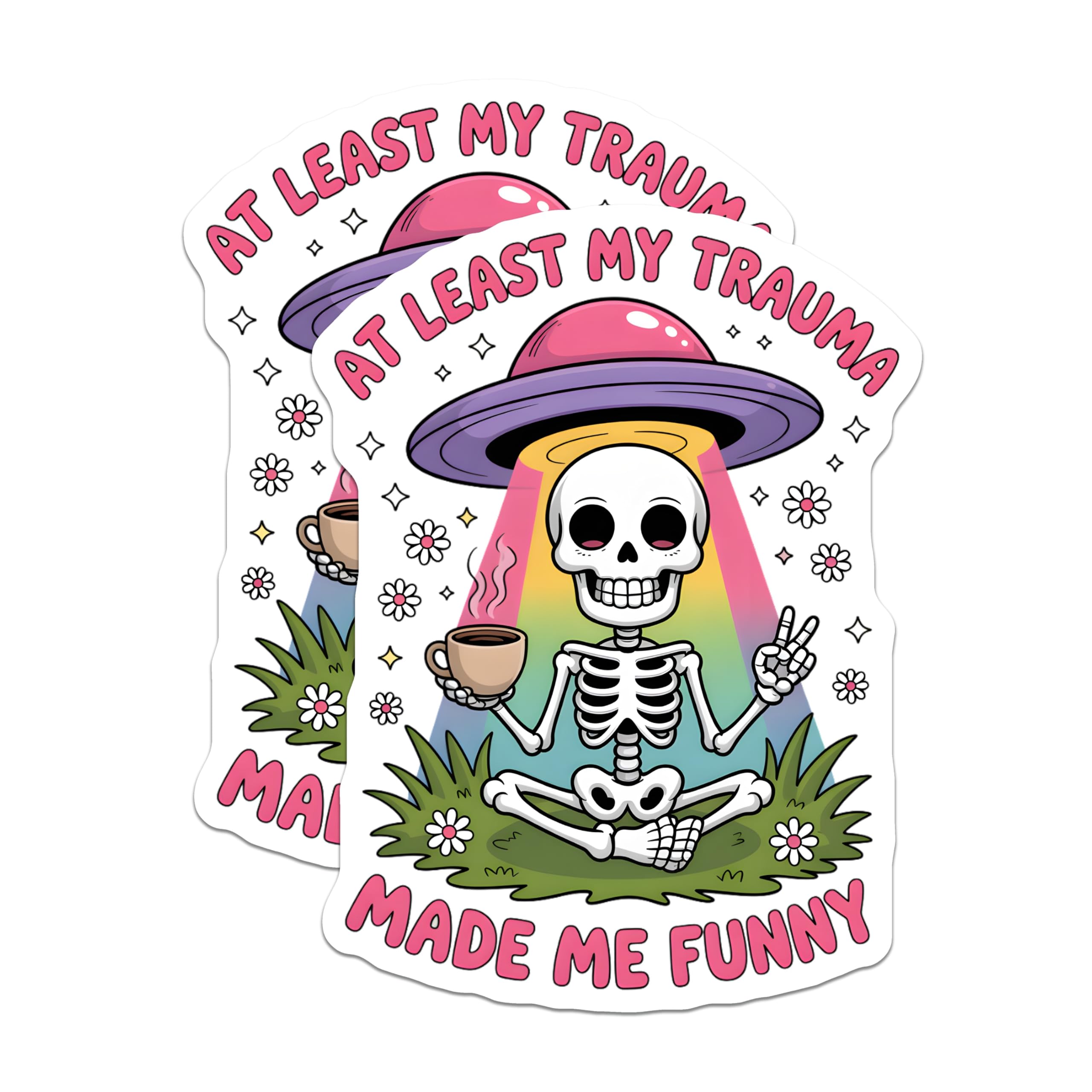 (2 Pack) Funny Skeleton Magnets - Trauma Made Me Funny Quote - UFO Alien Coffee Humor - Refrigerator Decor - 5 Inches On Longest Side - Thick Durable Magnet - Made in USA - MAG22909