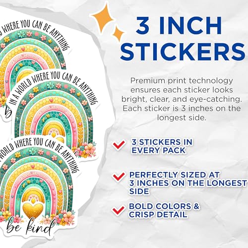 (3 Pack) Rainbow Kindness Decals - Inspirational Quote Sticker - Positive Affirmation Decals - 3 Inches On Longest Side - Easy Peel & Apply - Made in USA - 3MCS2008