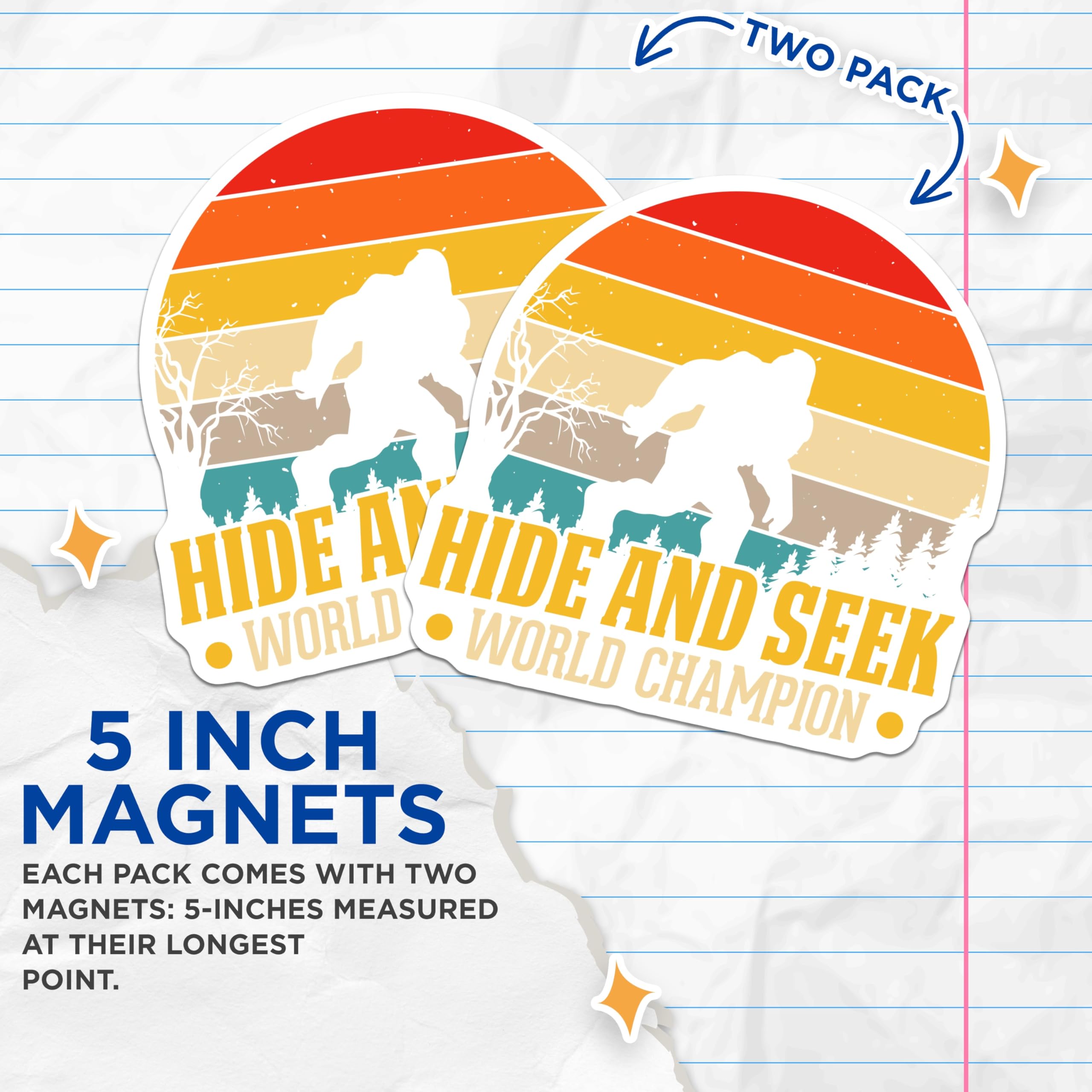 (2 Pack) Bigfoot Hide and Seek Magnets - Retro Sunset - Funny Fridge Decor - 5" On Longest Side - Premium Magnet - for Cars, Refrigerators, Toolboxes, Lockers - Made in USA - MAG17916
