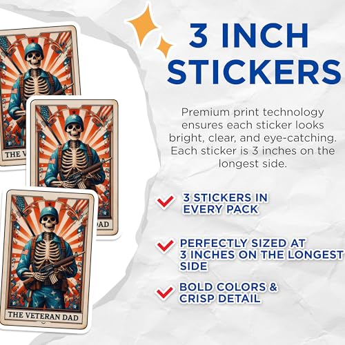 (3 Pack) Veteran Dad Decals - Patriotic Skull Sticker - Military Memorial Decor - 3 Inches On Longest Side - Easy Peel & Apply - Made in USA - 3MCS4282