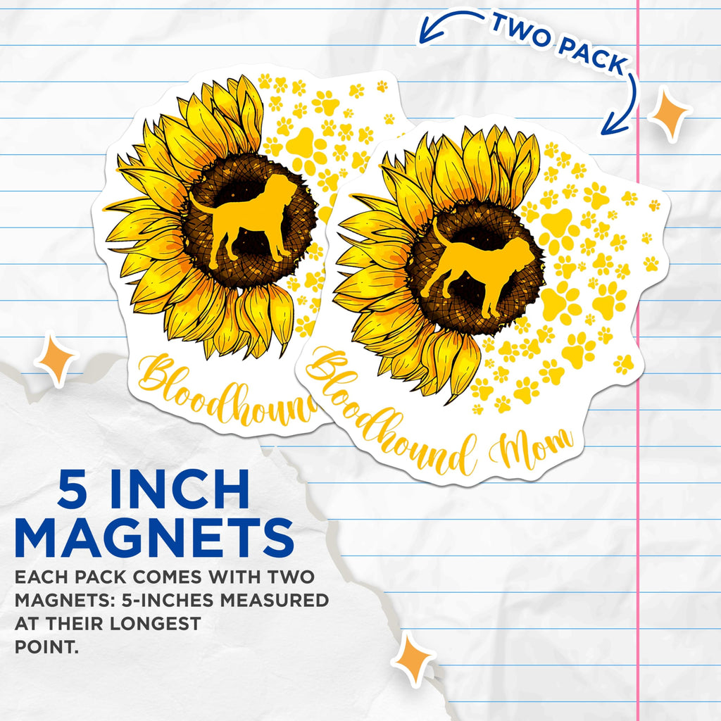 (2 Pack) Bloodhound Mom Magnets - Sunflower Dog Decor - Paw Print Animal Lover - 5 Inches On Longest Side - Thick Durable Magnet - Made in USA - MAG23525