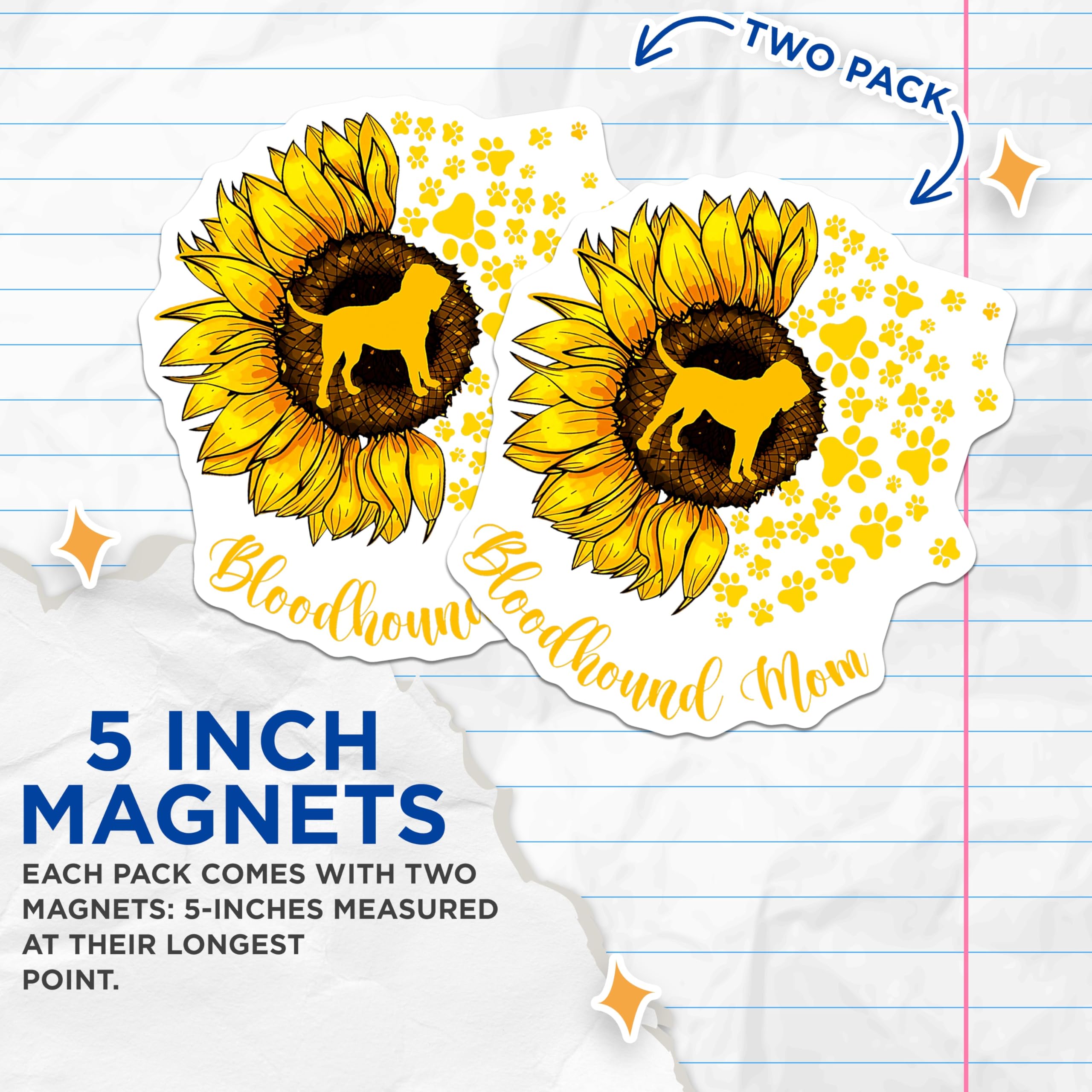 (2 Pack) Bloodhound Mom Magnets - Sunflower Dog Decor - Paw Print Animal Lover - 5 Inches On Longest Side - Thick Durable Magnet - Made in USA - MAG23525
