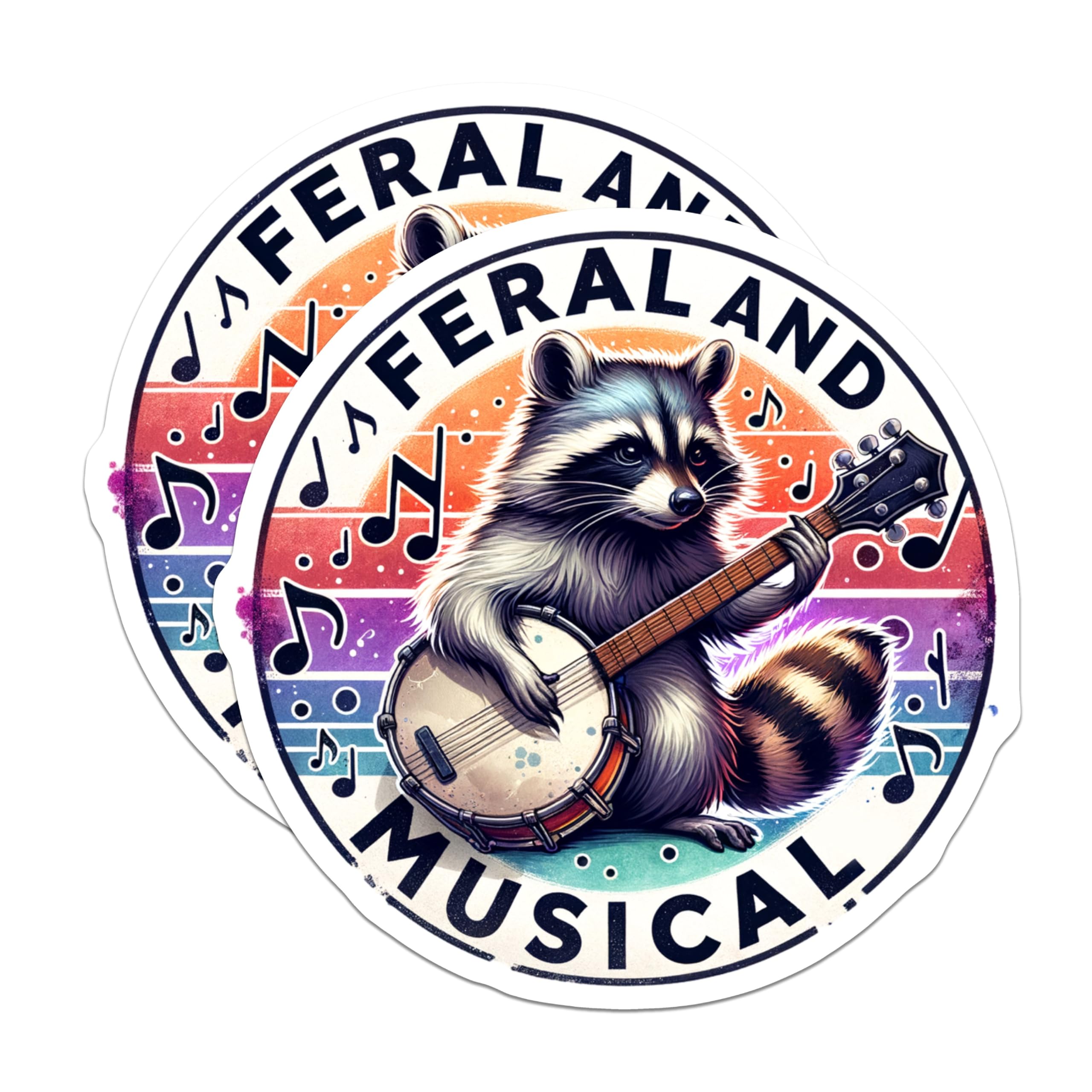 (2 Pack) Raccoon Banjo Stickers - Musical Animal Stickers - Whimsical Forest Creature Stickers - 5" On Longest Side - Sticks to Smooth Flat Surfaces - Made in USA - BMCS4541