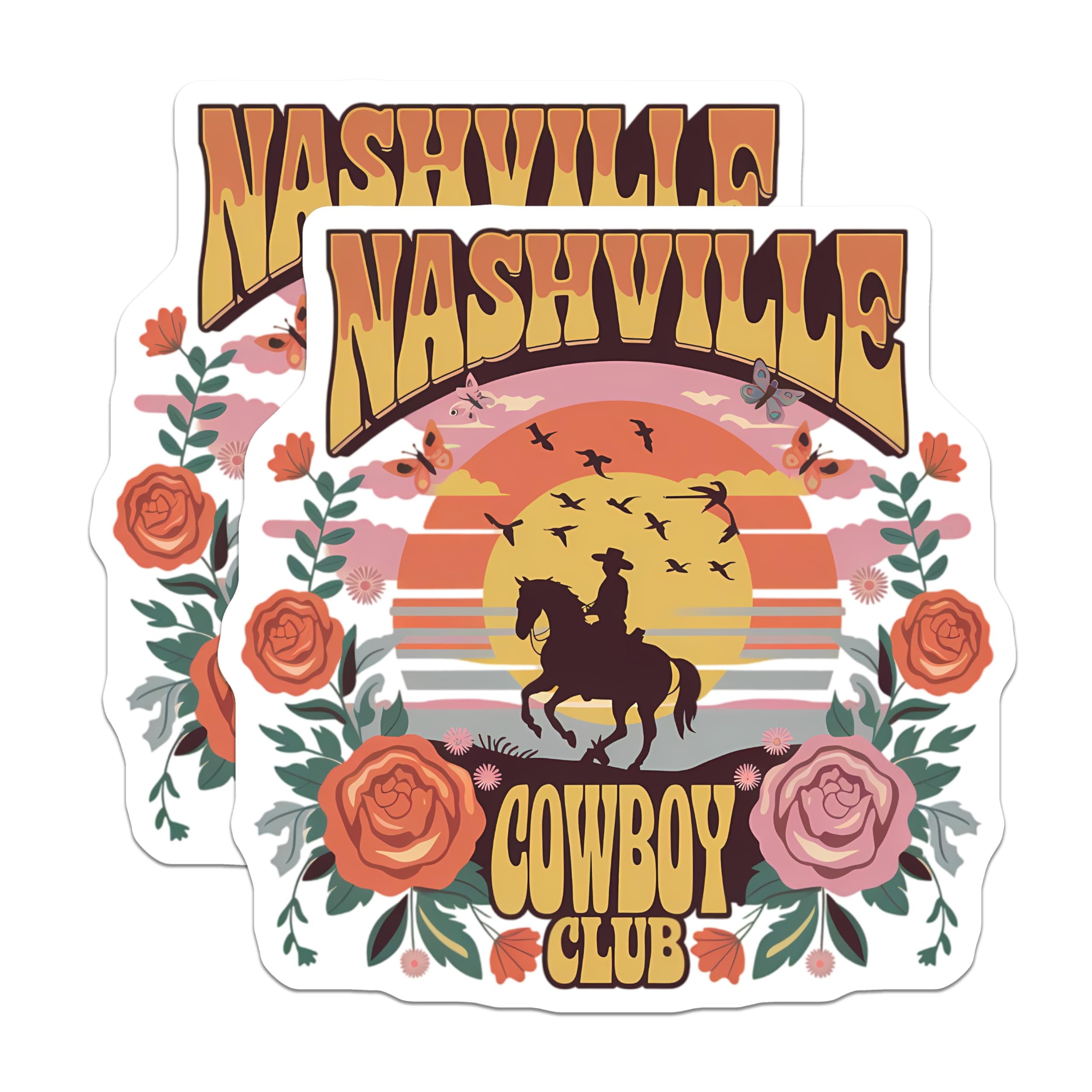 (2 Pack) Nashville Cowboy Club Magnets - Western Retro Boho Art - Horse Rider Sunset Floral Decor - 5 Inches On Longest Side - Thick Durable Magnet - Made in USA - MAG21651