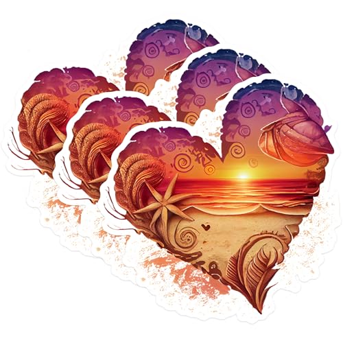 (3 Pack) Ocean Heart Decals - Beach Sunset - Coastal Art Decals - 3 Inches On Longest Side - Easy Peel & Apply - Made in USA - 3MCS1649