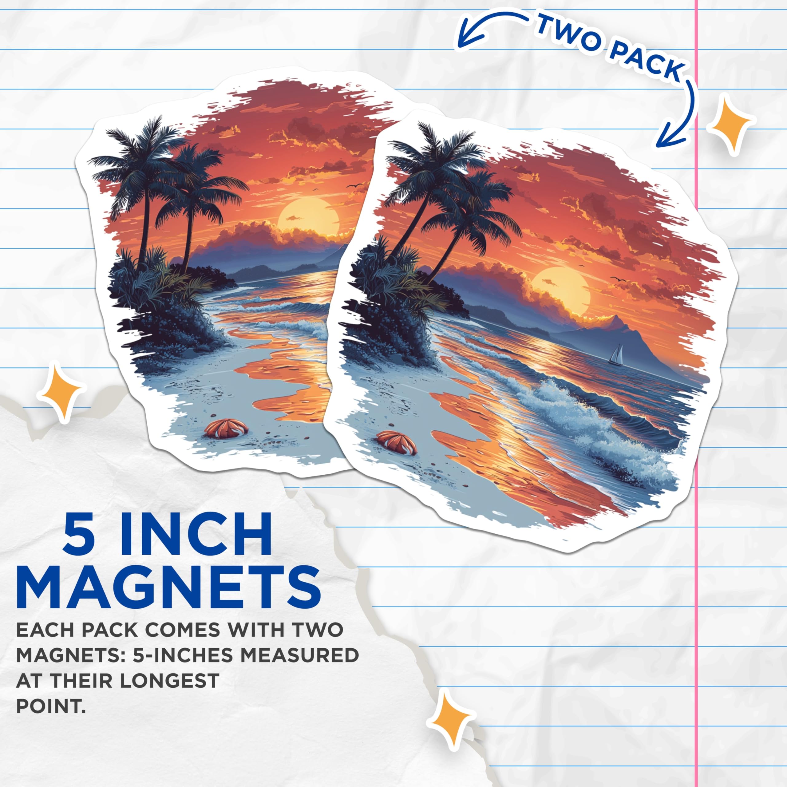 (2 Pack) Tropical Sunset Magnets - Beach Scene Ocean Waves - Palm Tree Coastal Decor - Serene Vacation Vibes Aesthetic - 5 Inches On Longest Side - Thick Durable Magnet - Made in USA - MAG25457