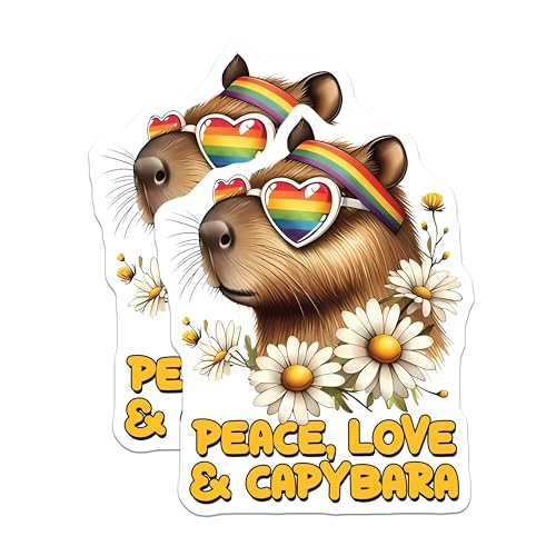 (2 Pack) Peace Love Capybara Magnets - Funny Animal Magnets - Cute Capybara Accessories for Fridge - Rainbow Heart Glasses - 5" On Longest Side - for Cars, Fridges, Toolboxes - Made in USA - MAG3750
