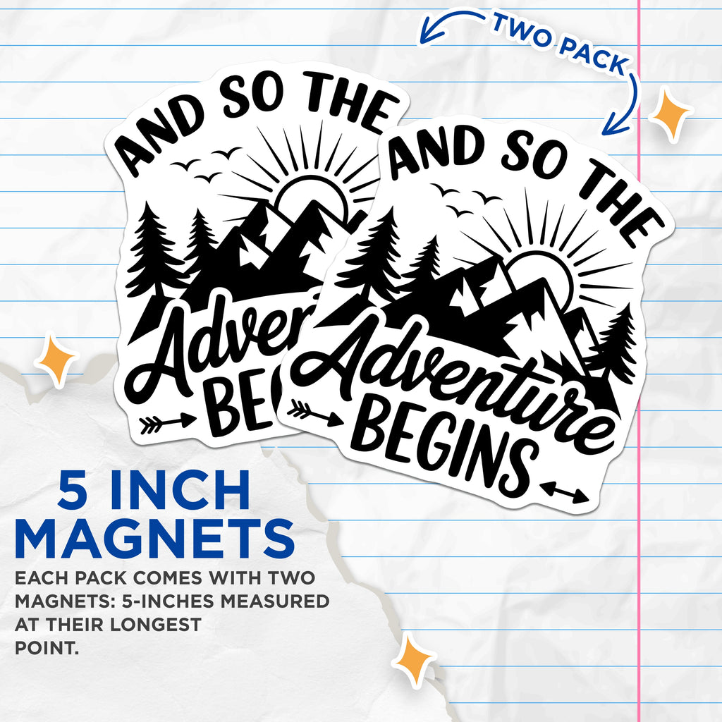 (2 Pack) Adventure Begins Magnets - Mountain Landscape Refrigerator Decor - Outdoorsy Travel Camper Van Life Fridge Accessory - 5 Inches On Longest Side - Thick Durable Magnet - Made in USA - MAG37987