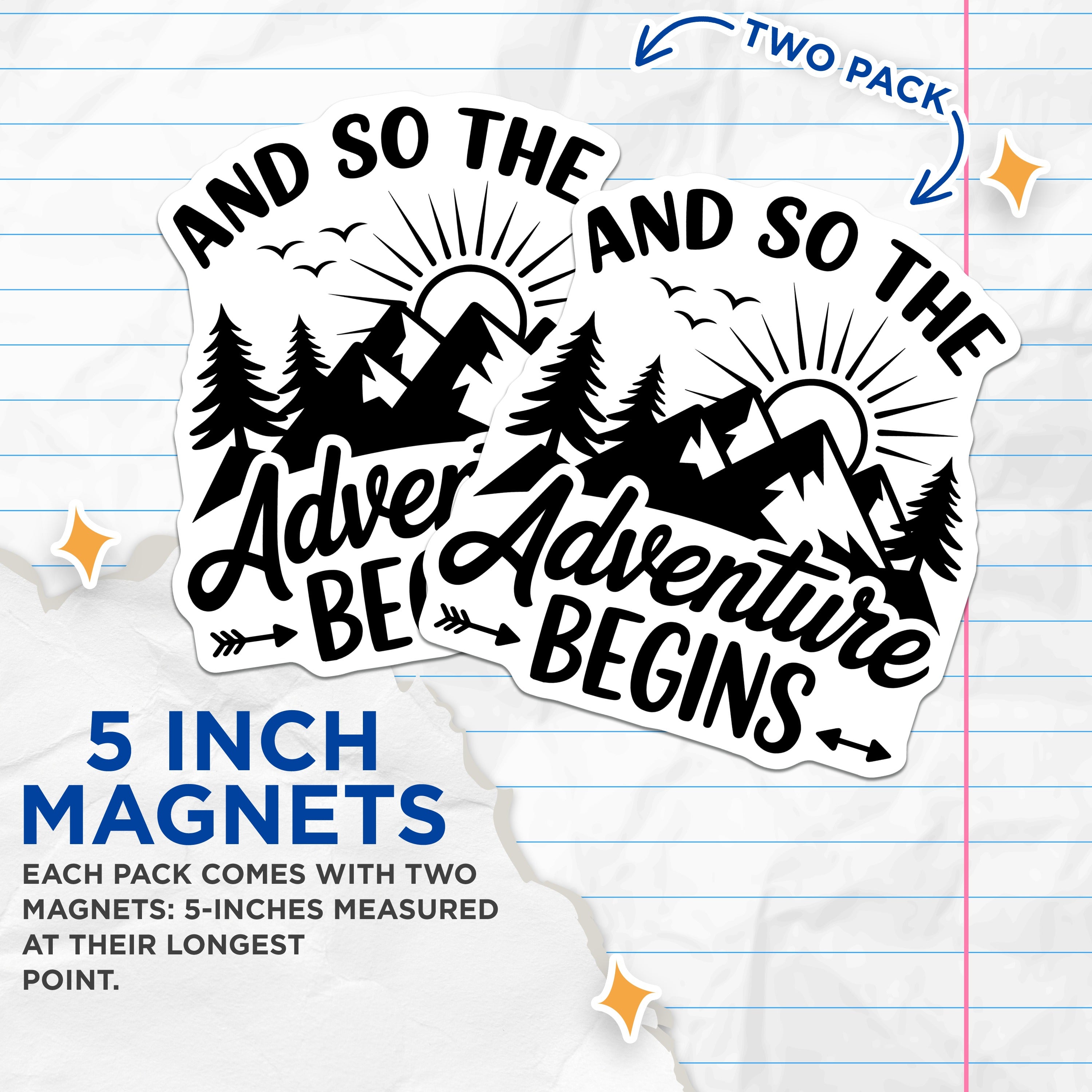(2 Pack) Adventure Begins Magnets - Mountain Landscape Refrigerator Decor - Outdoorsy Travel Camper Van Life Fridge Accessory - 5 Inches On Longest Side - Thick Durable Magnet - Made in USA - MAG37987