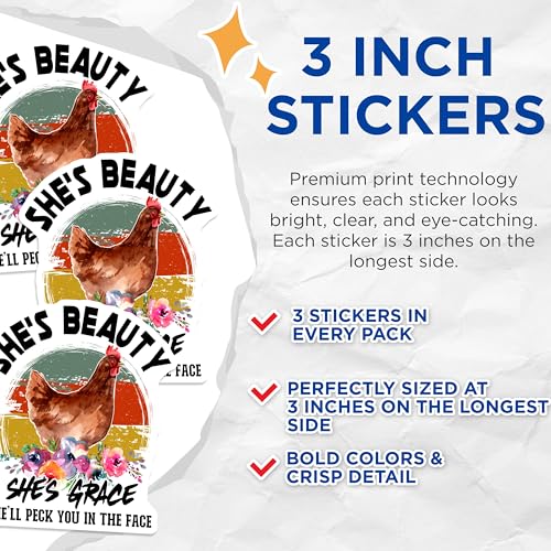 (3 Pack) Chicken Decals - Funny Chicken Lady - She's Beauty She's Grace - 3 Inches On Longest Side - Easy Peel & Apply - Made in USA - 3MCS4527